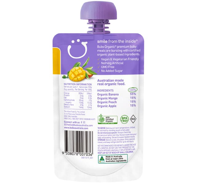 Organic Bubs Baby Food Mango Peach Banana 4m 120 G