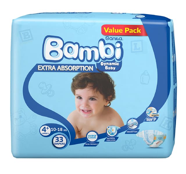 Sanita Bambi Baby Diaper Value Pack Size 4 Large Plus 10 18 Kg 33 Pcs