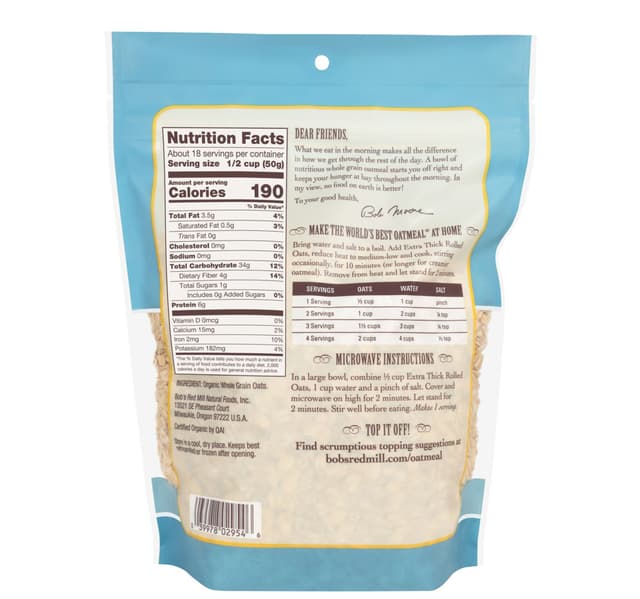 Bobs Red Mill Organic Extra Thick Whole Grain Rolled Oats 907 G