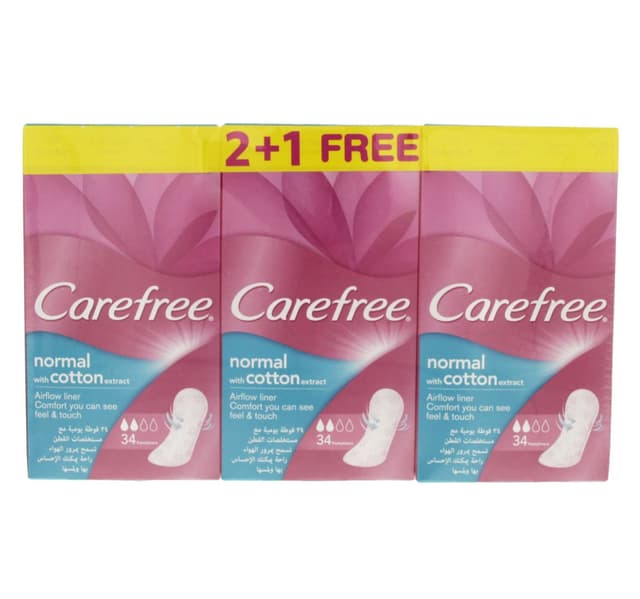 Carefree Normal With Cotton Extract Pantyliners 34 Pcs X 3 Pkt