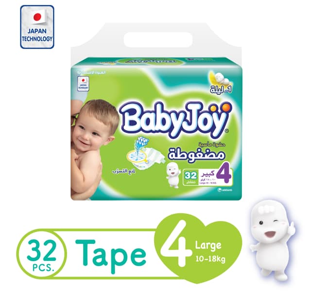 BabyJoy Compressed Tape Diaper Size 4 Large Value Pack 10 - 18 kg 32 Count