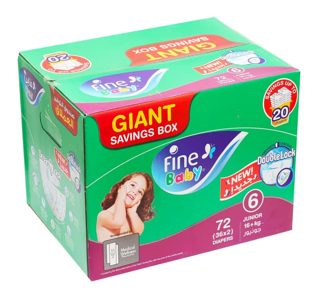 Fine Baby Diapers Size 6 Junior 16 Kg Pack 72 Pcs