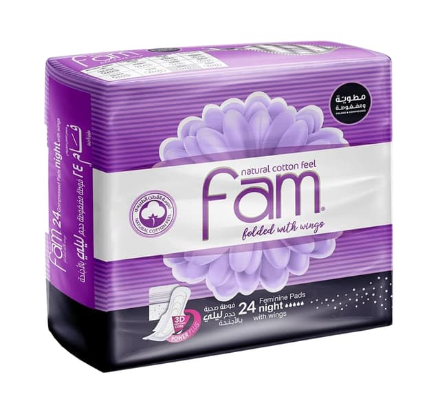 Fam Natural Cotton Feel Feminine Night Pads With Wings 24 Pcs