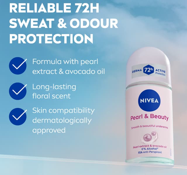 Nivea Pearl Beauty Antiperspirant Deodorant For Women 72h Active Protection With Pearl Extract And Avocado Oil Roll On 50 Ml