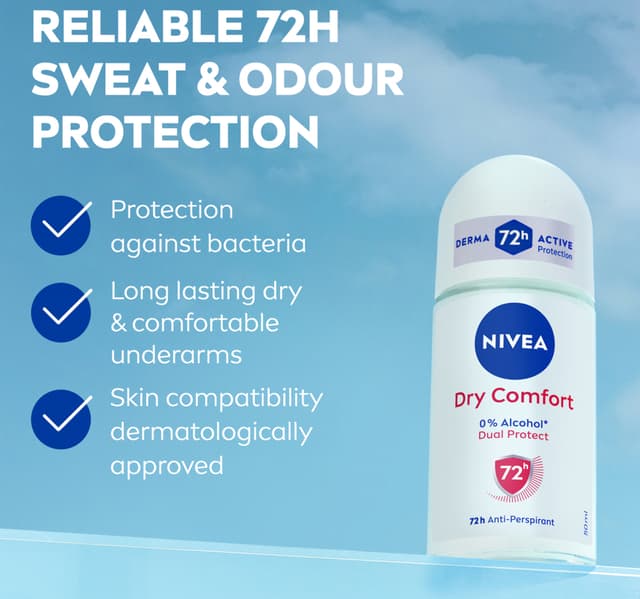 Nivea Dry Comfort Antiperspirant Roll On For Women 72h Odour Control 50 Ml