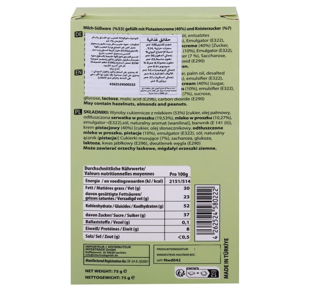 Labuchoc Yum Pistachio Milk Chocolate 75 G