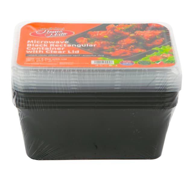 Home Mate Microwave Black Rectangular Container With Clear Lid Capacity 1000ml 6 Pcs
