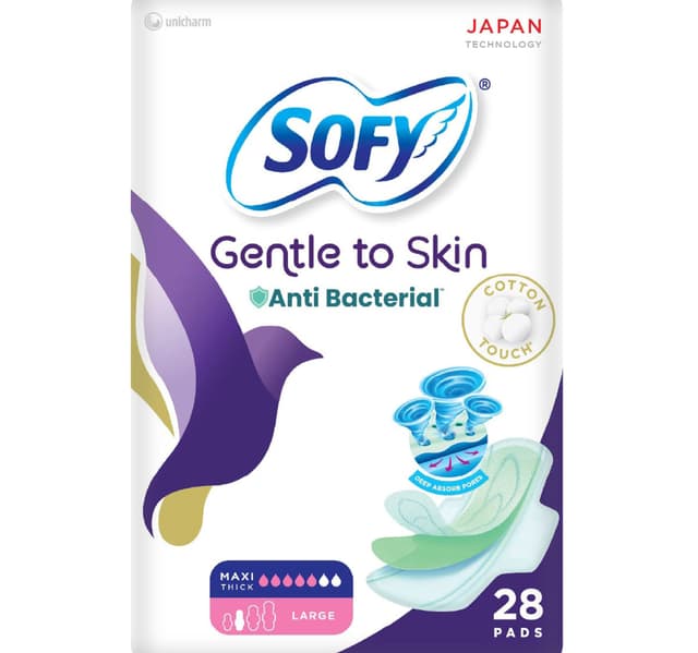 Sofy Gentle To Skin Anti Bacterial Maxi Thick Large Sanitary Pads 28 Pcs