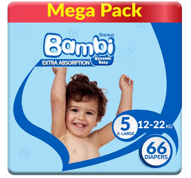 Sanita Bambi Extra Absorption Baby Diapers Size 5 X Large 12 22kg 66 Pcs