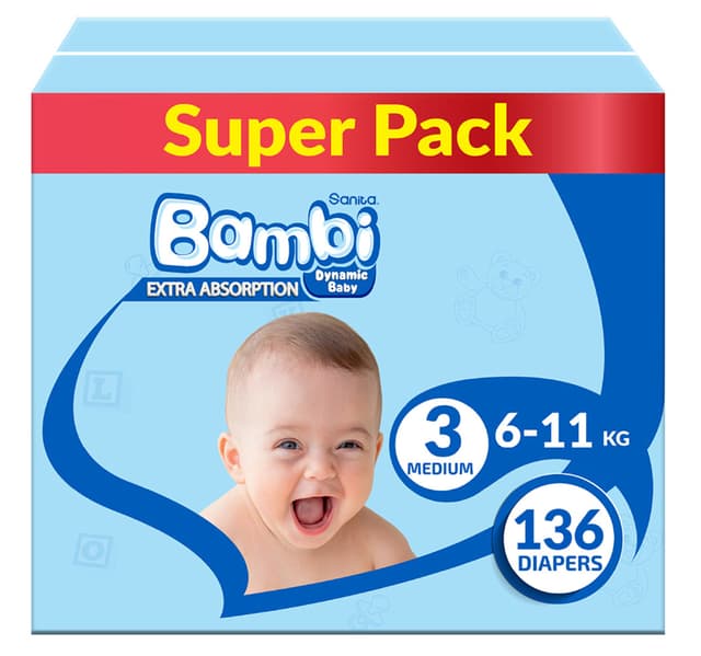 Sanita Bambi Baby Diaper Size 3 Medium 6-11kg Value Pack 136 pcs