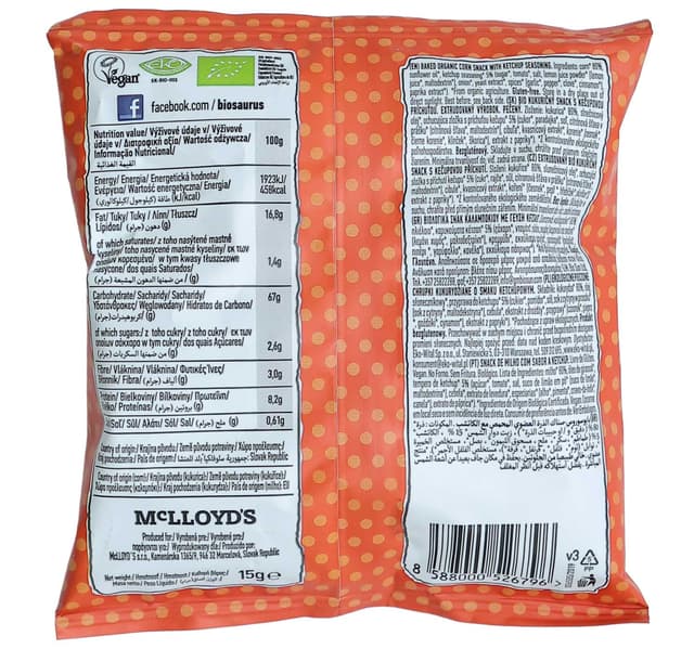 Mclloyd S Biosaurus Organic Ketchup Corn Snack 15 G