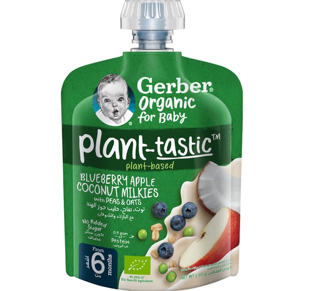 Gerber Organic Blueberry Apple Coconut Milkies With Peas Oats Puree For Baby From 6 Months 80 G