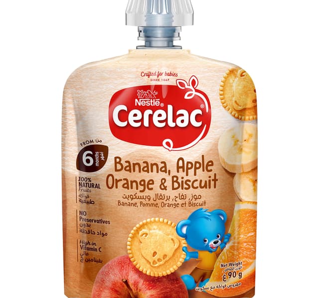 Nestle Cerelac Banana Orange Apple Biscuit Fruits Puree Pouch Baby Food 90 G