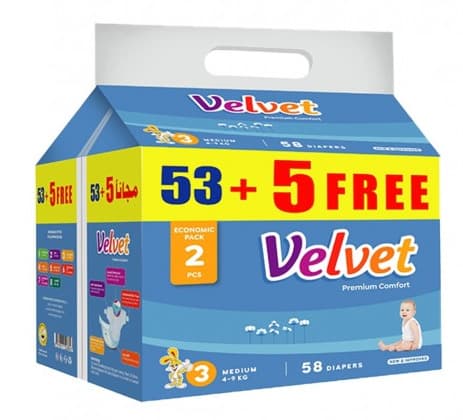 Velvet Premium Comfort Medium (4-9Kg) Diapers 53+5Pcs