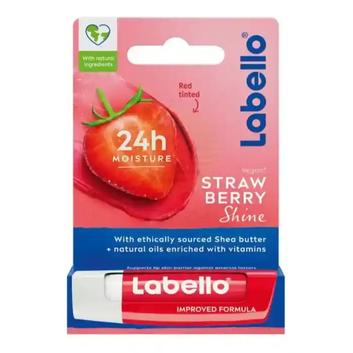 Labello Lip Balm Strawberry Shine 24H Melt-In Moisture with Shea Butter and Natural Oils 4.8g