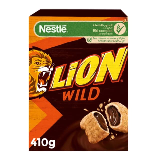 Nestle Lion Wild Made With Wholegain Cereal Pillows Filled With Delicious Chocolate & Caramel Cream 410g