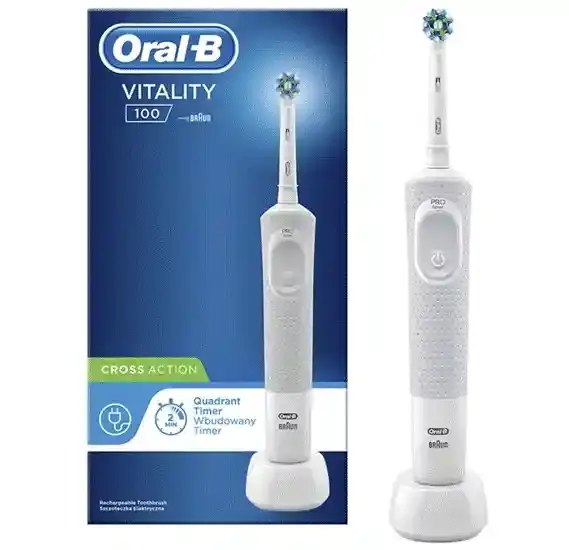 Oral-B Electric Toothbrush Rechargeable Vitality Cross Action White with Quadrant Timer 1 Piece