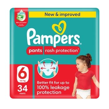 Pampers Rash Protection Pants Diapers Size 6 16 21kg +50% Aloe Vera Lotion 360° Leak Free Fit for up to 100% Leakage Protection Mega Pack 34 Count