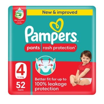 Pampers Rash Protection Pants Diapers Size 4 9 14kg +50% Aloe Vera Lotion 360° Leak Free Fit for up to 100% Leakage Protection Mega Pack 52 Count