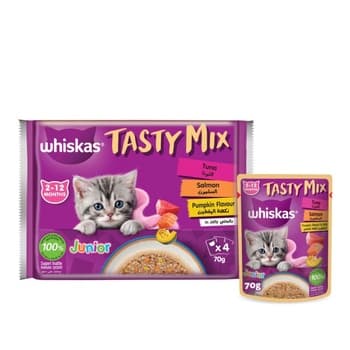 Whiskas Tasty Mix Junior Wet Kitten Food Tuna Salmon And PumpkIn 70g 4 Pack