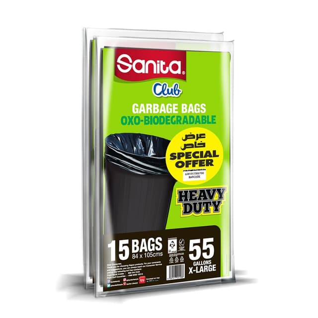 Sanita Club Biodegradable Garbage Bags, 55 Gallons, 2x15 Bags
