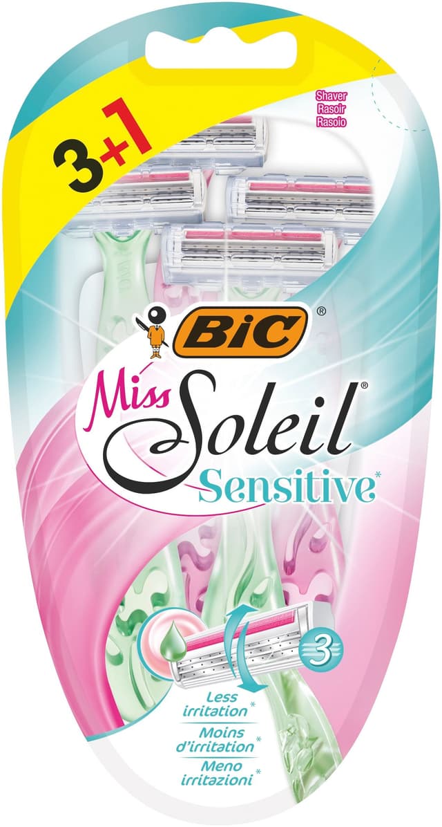 Bic Miss Soleil Sensitive Women's Triple Blade Disposable Razors - Assorted Colours, Pack of 3 + 1 Free