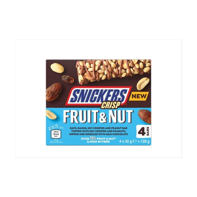 Snickers Crisp Fruit & Nut Chocolate Bar, (4 Bars), 128g