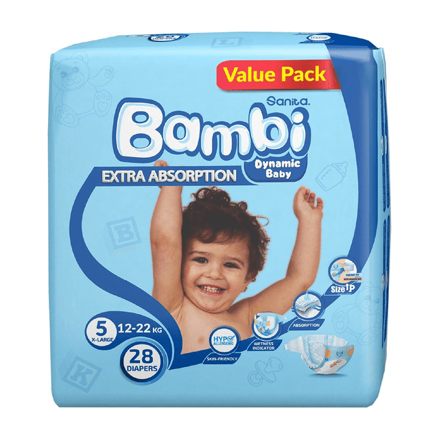 Sanita Bambi Baby Diapers Value Pack, Size 5, X-Large, 12-22kg, 28 Count