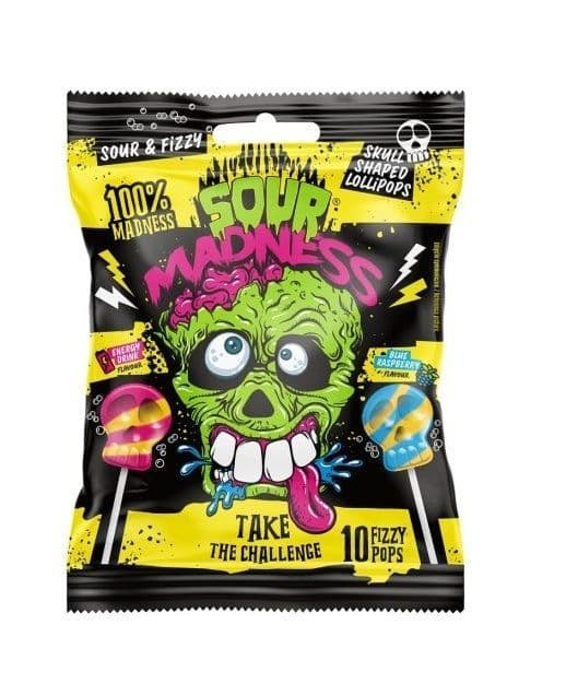 Sour Madness Sour & Fizzy Lollipops Skull Shaped, 90g