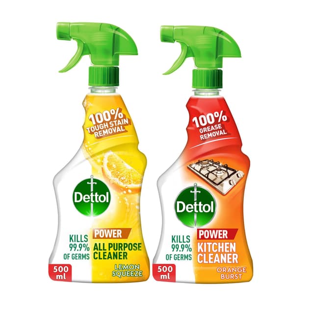 Dettol Lemon Scent All Purpose Cleaner Spray Bottle, 500ml + Dettol Orange Scent Kitchen Cleaner Spray Bottle, 500ml
