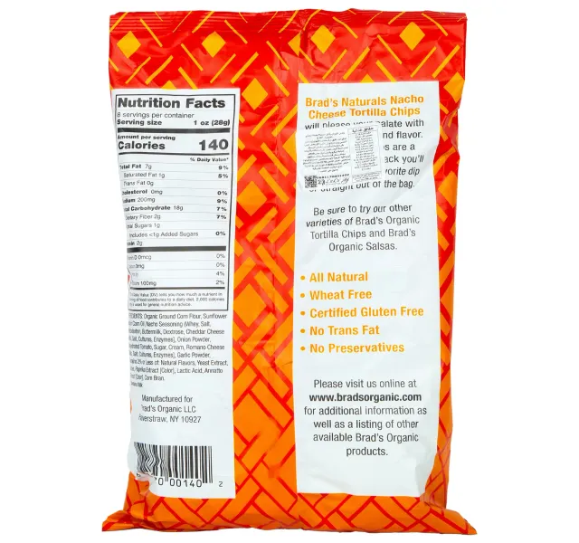 Brads Organic Nacho Cheese Tortilla Chips 227 G