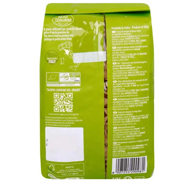 Pasta Toscana Bio Organic Penne Rigate Pasta No98 500 G