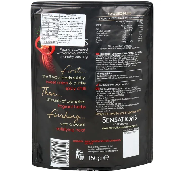 Walkers Sensations Thai Sweet Chili Coated Peanuts 150 G