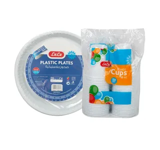 LuLu Plastic Plates 26cm 25 pcs + Plastic Cups 6oz 50 pcs