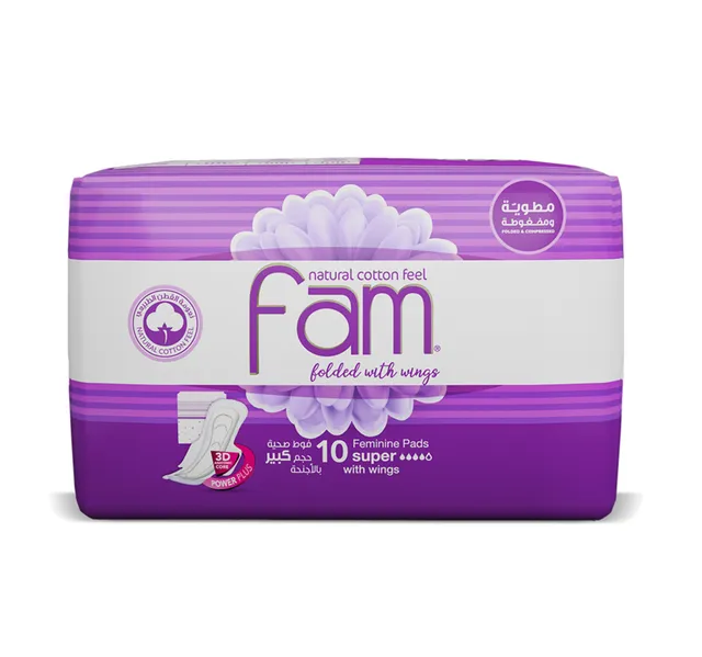 Fam Natural Cotton Feel Maxi Thick Folded with Wings Super Sanitary 10pcs