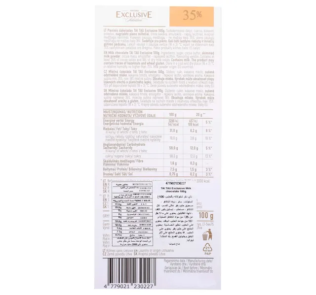 Taitau Exclusive 35 Milk Chocolate 100 G