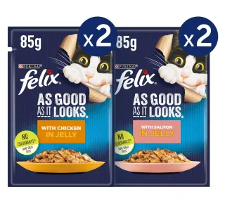 Purina Felix As Good As It Looks Adult Cat Food in Jelly (2 x 85 g Chicken Pouches + 2 x 85 g Salmon Pouches)
