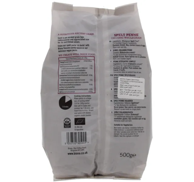 Biona Organic Spelt Penne Wholegrain 500 G
