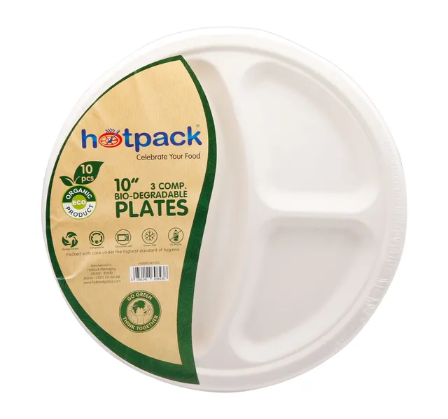 Hotpack Bio Degradable Paper Plates 3 Comp 10 10pcs