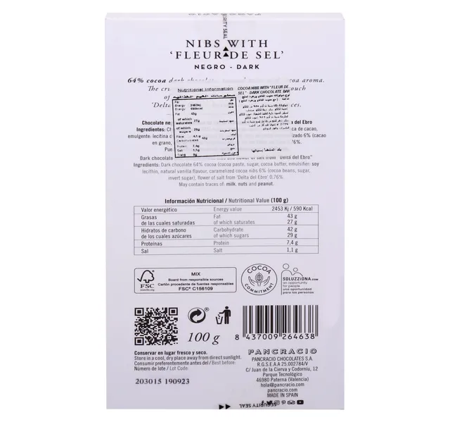 Pancracio Nibs With Fleur De Sel Dark Chocolate 100 G