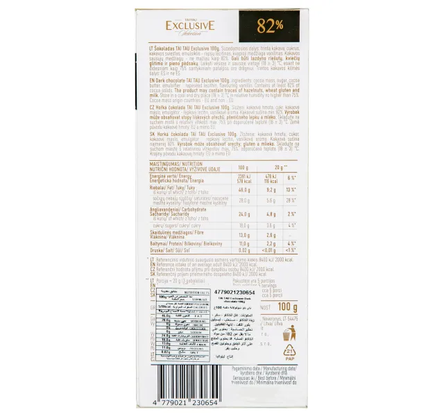 Taitau Dark Chocolate Bar 82 Cocoa 100 G