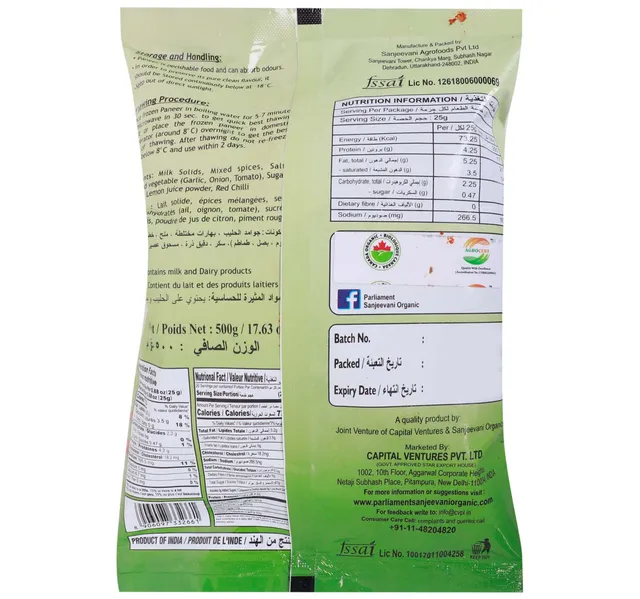 Parliament Frozen Pre Marinated Organic Paneer 500 G