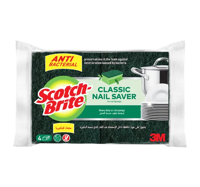 Scotch Brite Anti Bacterial Classic Nail Saver Heavy Duty Scrub Sponge 4 Pcs