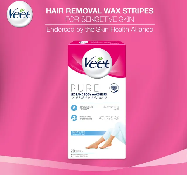 Veet Pure Hair Removal Wax Strips for Sensitive Skin Legs & Body 20 pcs