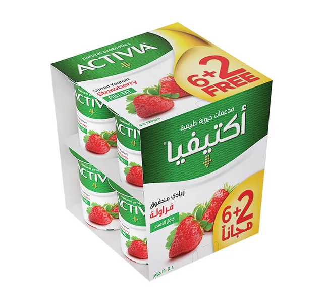 أكتيفيا زبادي مخفوق كامل الدسم بنكهة الفراولة عبوة اقتصادية 8 × 120 جم