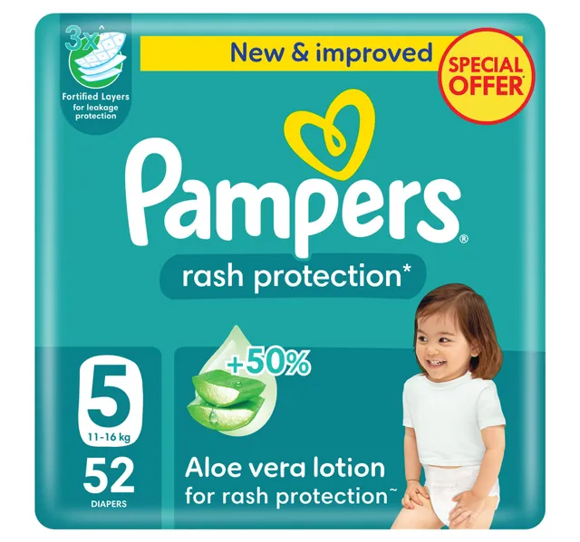 Pampers Rash Protection Diaper With Aloe Vera Lotion Size 5 11 16kg Value Pack 52 Pcs