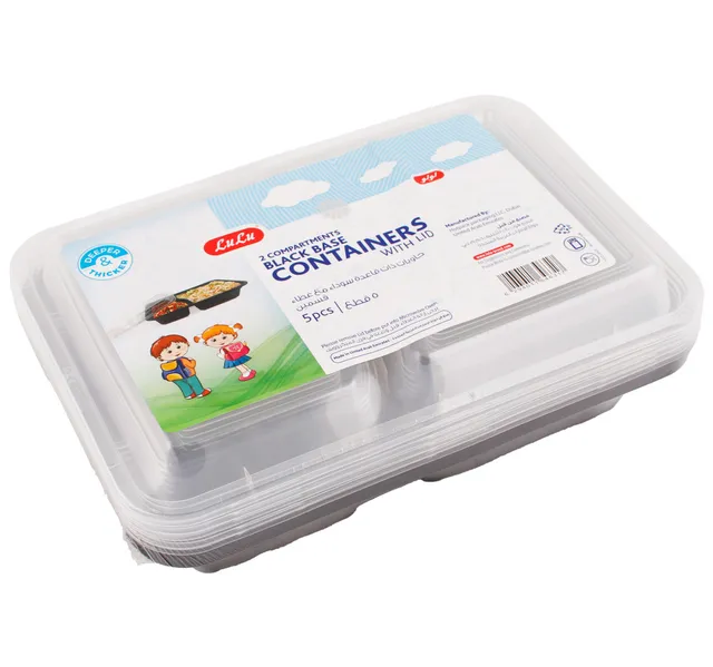 Lulu 2 Compartments Black Base Microwaveable Containers With Lid 5 Pcs