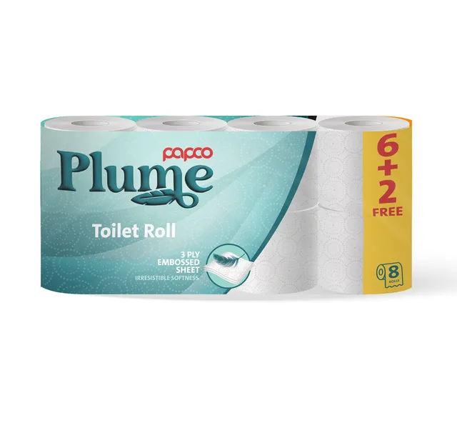 Papco Plume 3 Ply Toilet Rolls 8 x 200 Sheets