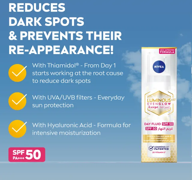 نيڤيا LUMINOUS630 إيفن جلو، سائل للوجه بوقاية SPF 50، مقاوم للبقع الداكنة، 40 مل