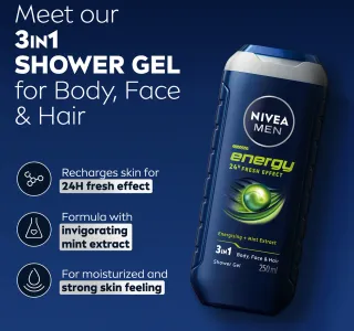 Nivea Men Energy Shower Gel 3in1 Body Wash 250 Ml